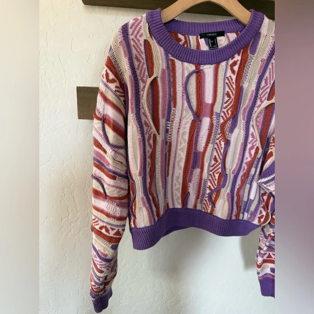 Forever 21|Vintage coogi style grandpa sweater,Colorful pastel & textured•LARGE
